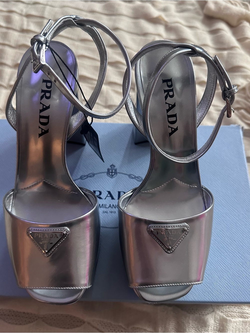 Prada Metallic Silver Ankle-Strap Platform Sandals - Picture 2 of 5
